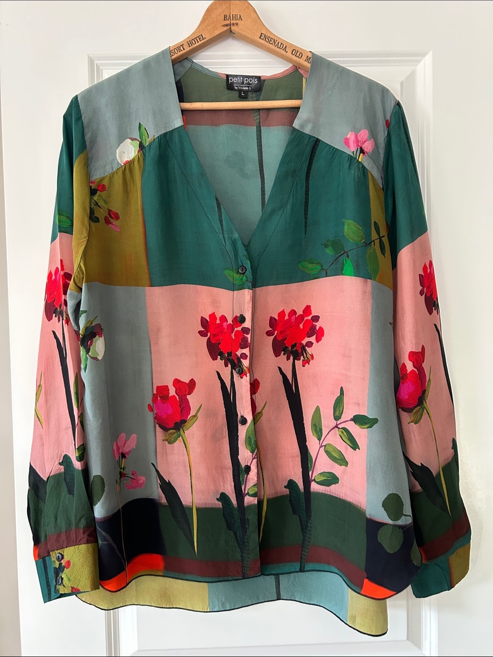 Petit Pois Vintage Patch Artsy V-Neck Blouse Sz L w MEASUREMENTS Painterly Roses